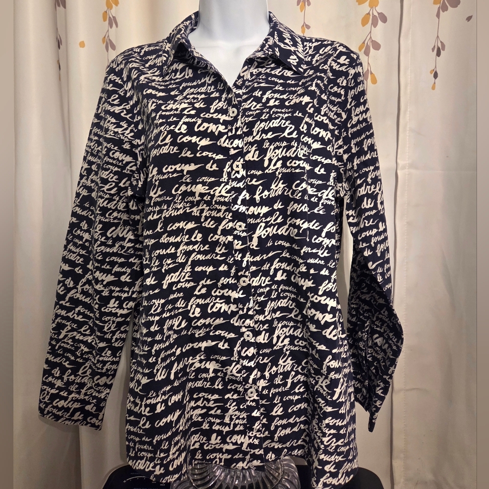 Chic Chico's Blue and White Script Casual‎ Shirt - Size 1 Woman No Iron